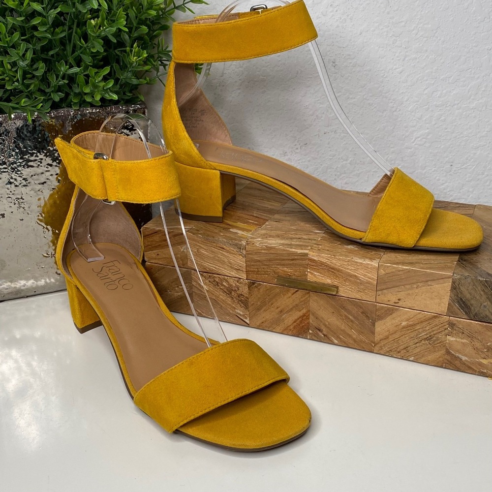Franco Sarto Rosalina Yellow Suede Ankle Strap Block Heel Sandals Women US 8